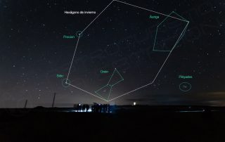 Constelaciones y hexágono en Paisaje nocturno y Orión
